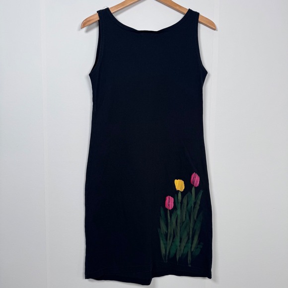 Victoria Dresses & Skirts - 90s Victoria S Hand Paint Floral Shift Mini Dress Black USA Made Artsy Cottage